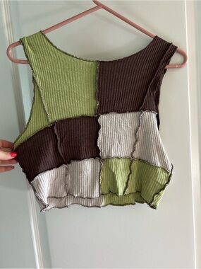 Garage Patchwork Ribbed Cropped Tank Top - Green, Brown, Cream